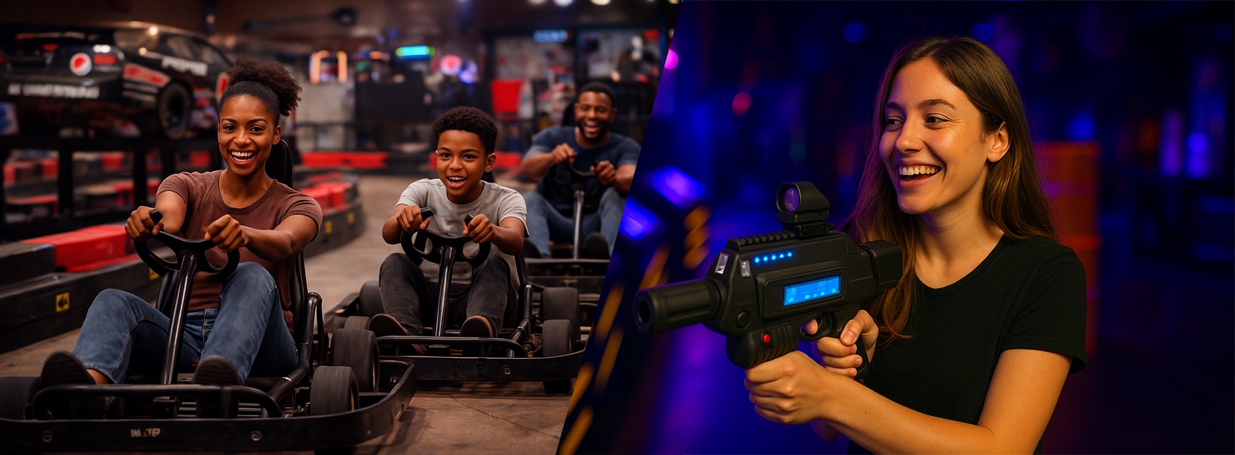 Guests racing go karts and playing laser tag